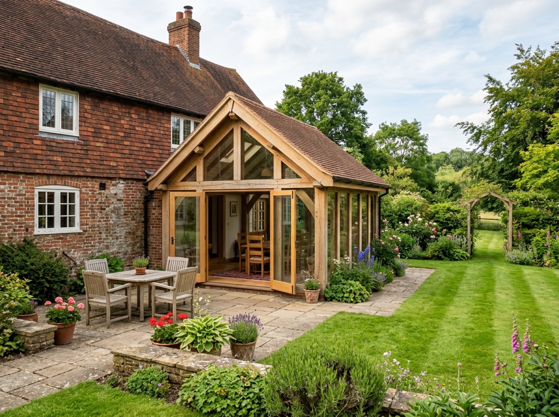 Oak and glass rear extension on a brick and tile-hung country house